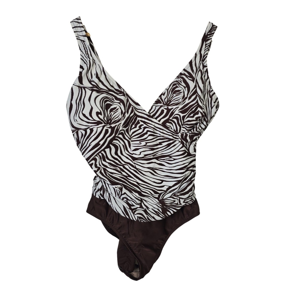Carol Wior Slimsuit One Piece Swimsuit 16 Brown White Zebra Print V-Neck USA